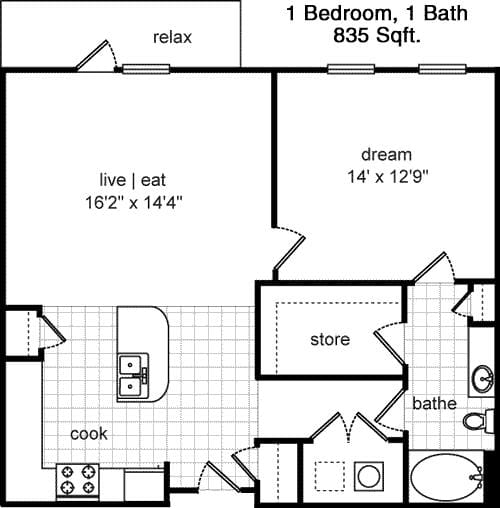 #2  Floor Plan 1x1 - Oxford At The Boulevard, Corinth, TX for Rent