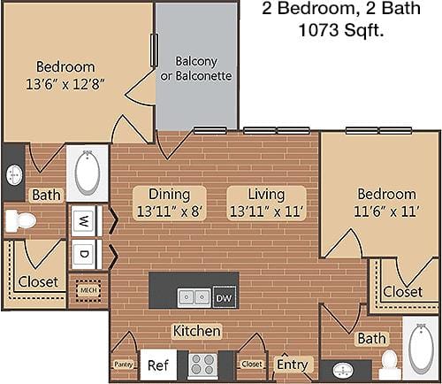 #1  Floor Plan 2x2 - Midtown Cedar Hill, Cedar Hill, TX for Rent